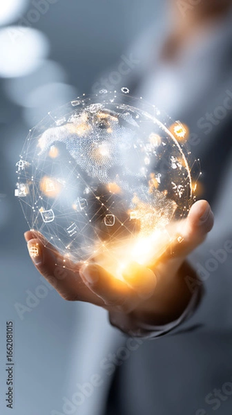 Fototapeta Close-up of a person's hand holding a glowing digital globe with network connections and icons earth