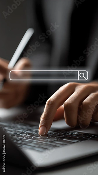 Fototapeta Close-up of a person's hand typing on a laptop keyboard with a digital search bar overlay interface