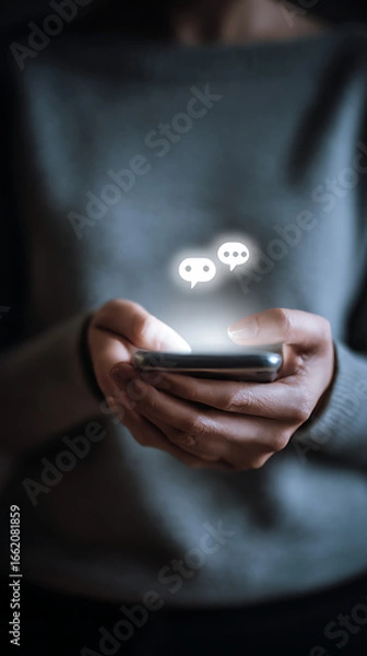 Fototapeta Close-up of a person's hands holding a smartphone with illuminated chat bubbles hovering over the display