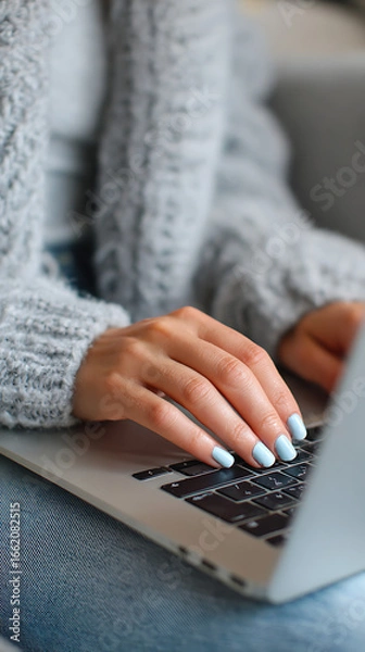 Fototapeta Close-up of a woman's hands with light blue nails typing on a laptop keyboard in a cozy setting computer