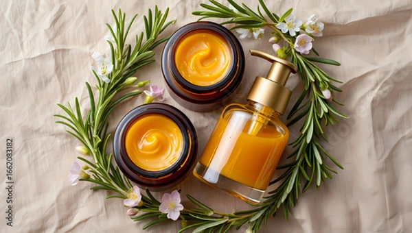 Obraz Photo of overhead shot of natural cosmetic product with rosemary and flower on beige background