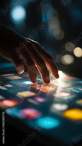 Fototapeta Close-up of Hand Touching Interactive Digital Screen with Colorful App Icons Keywords: hand, touching, finger, screen, digital, interactive