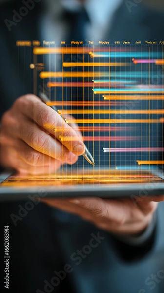 Fototapeta Close-up of hand with stylus on tablet displaying bright Gantt chart project timeline project management