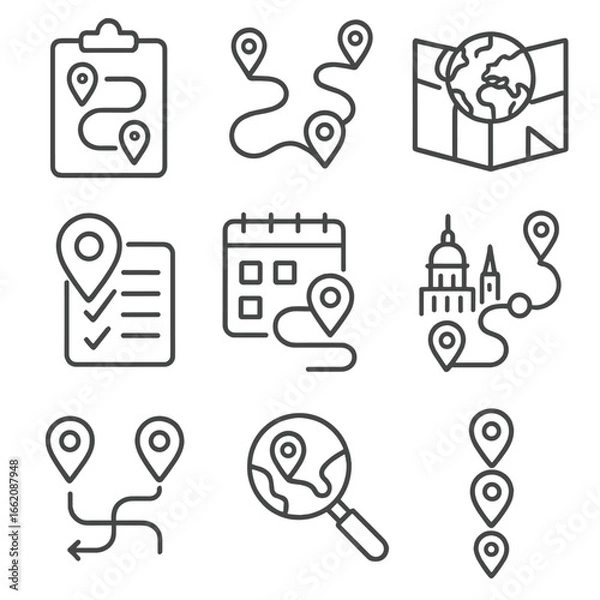 Obraz Travel Planning Icons. Line style icons of travel planning by location: itinerary with pins, multi-location route, global trip