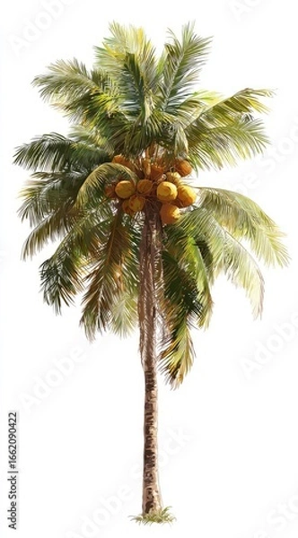 Fototapeta A tall, slender coconut palm tree with lush green fronds and a cluster of yellow-brown coconuts near its crown, set against a white background