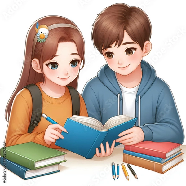 Obraz two students is studting book each other vector