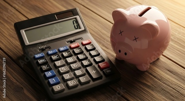 Fototapeta Calculator and broken piggy bank on a wooden table, representing financial problems and saving money concepts and the need for financial planning