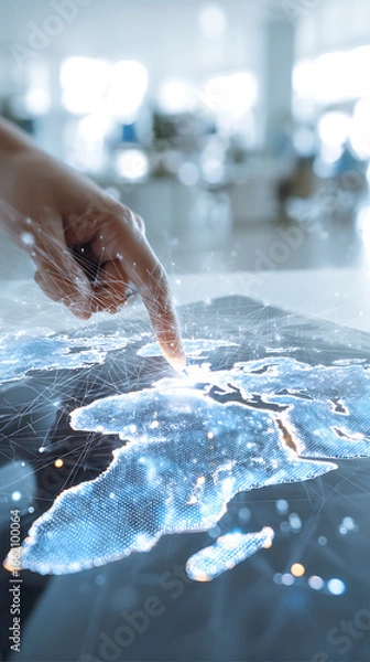 Fototapeta Finger touching glowing digital map of Africa with network connections overlay technology data