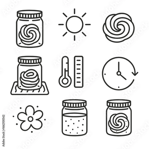 Fototapeta Solar Dye Setup Icons. Outline style icon of Solar Dye Setup: glass jar, sunlight ray, fabric coil, screw lid, heat mat,