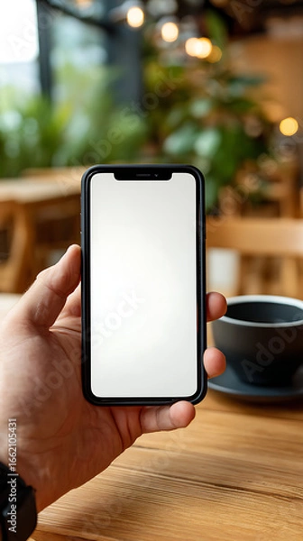 Fototapeta Hand holding a smartphone with a blank white screen in a cafe setting with a coffee cup on a table
