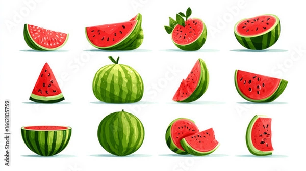Fototapeta Icons of watermelon. Ripe fruit pieces, triangular and split slices, full watermelons, rinds, and seeds are all depicted in this vector cartoon collection. organic, fresh, green fruit. sweet treats. N