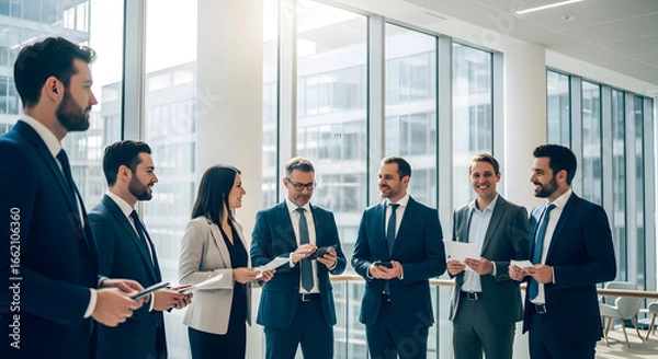 Fototapeta Business Team Meeting in Modern Office with Large Windows and Natural Light