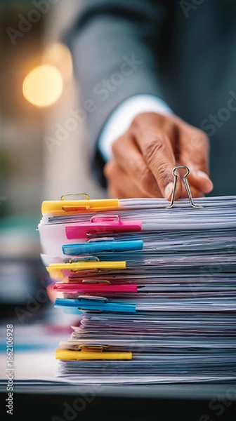 Fototapeta Hand in suit securing a tall stack of papers with a metal binder clip and colorful paper clips graphic