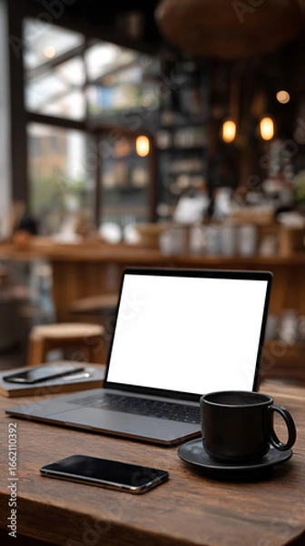 Fototapeta Laptop with blank screen, coffee cup, and smartphone on a rustic wooden table in a cafe computer white screen