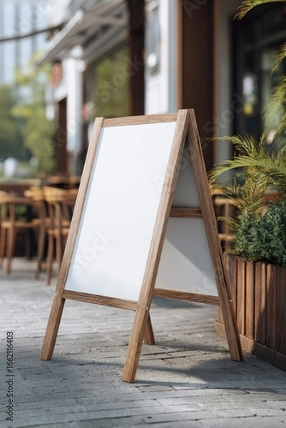 Fototapeta Empty wooden sidewalk sign, cafe setting