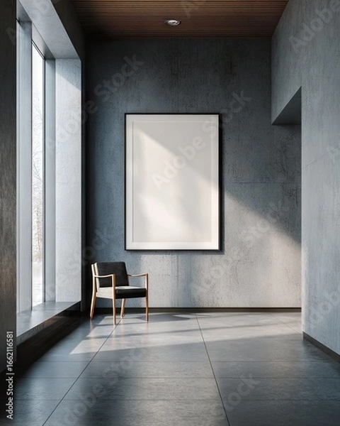Fototapeta Modern hallway with large blank art frame and dark chair