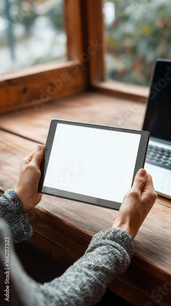 Fototapeta Person holding a blank tablet computer with a laptop and window view in the background hands blank screen