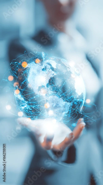 Fototapeta Person holding a glowing digital globe with interconnected data points and light trails earth world