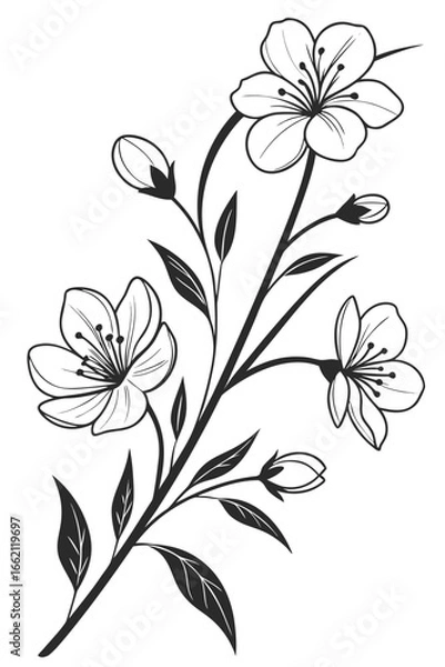 Fototapeta Elegant black and white line art illustration of cherry blossom branches with blooming flowers and buds