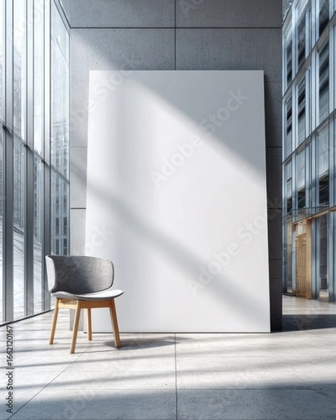 Fototapeta Modern, empty room with large blank canvas and chair