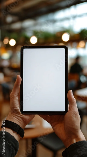 Fototapeta Person Holding a Tablet with a Blank White Screen in a Cafe with Bokeh Lights hands
