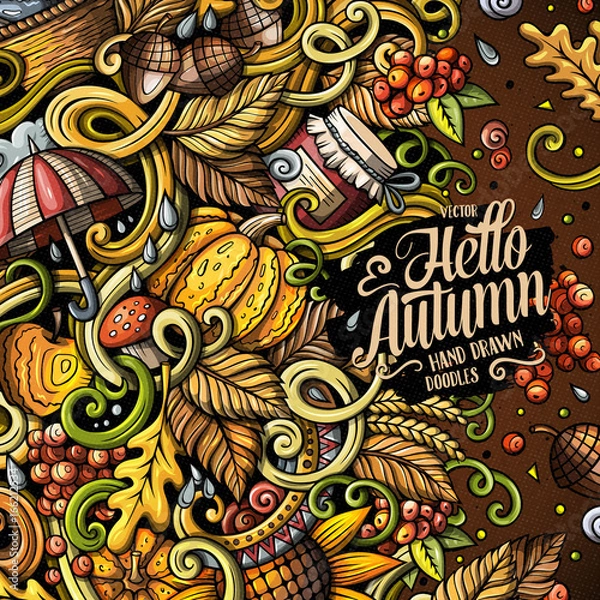 Fototapeta Cartoon cute doodles hand drawn Autumn frame design