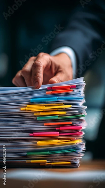 Fototapeta Person in suit organizing a large pile of documents with various colored binder clips and tabs graphic
