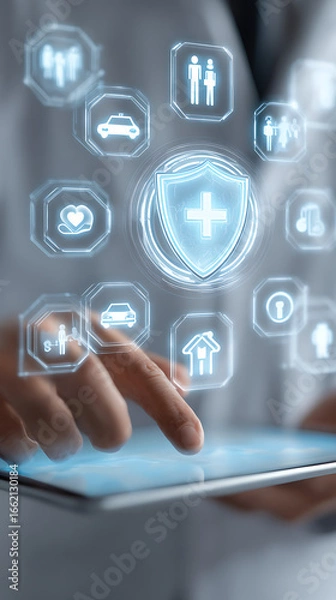 Fototapeta Person interacting with tablet showing shield icon and various insurance-related symbols protection
