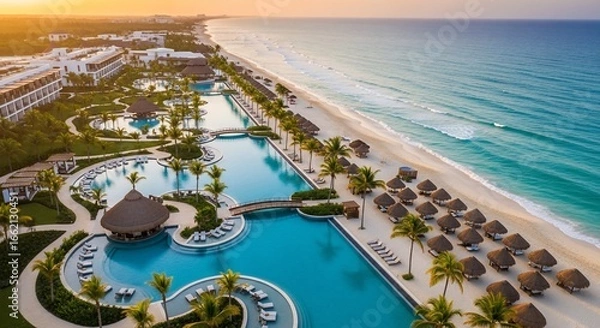 Fototapeta Luxurious Resort Pools and Beachfront in Cancun, Mexico.
