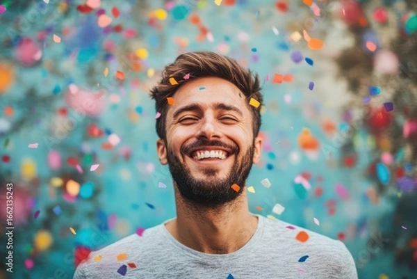 Fototapeta Happy man smiling with colorful confetti