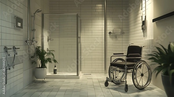 Fototapeta Accessible Bathroom Interior with Wheelchair and Shower in Modern Design