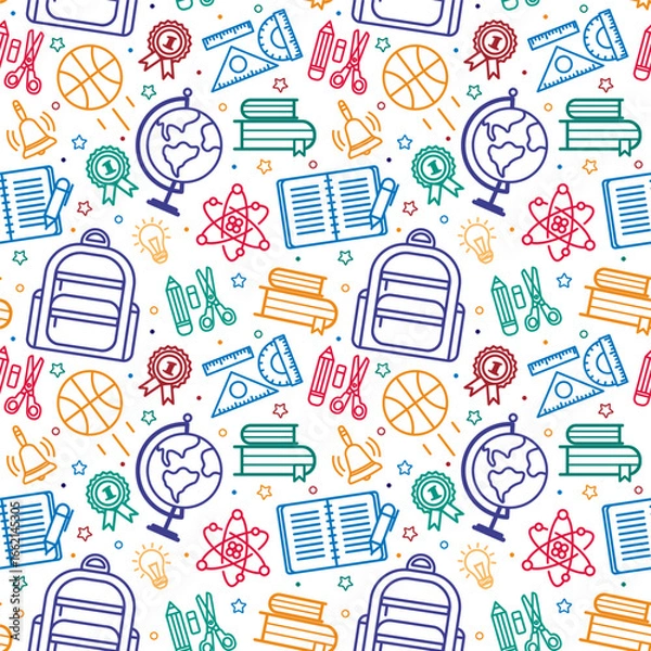 Fototapeta Seamless pattern with outline icons school supplies.Backpack,pencil, rulers, scissors,books,,globe,bell.Vector illustration on white background.For wrapping paper, stationery, covers,scrapbooking.