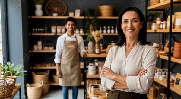 Obraz Confident female small business owner standing with smiling employee in rustic modern shop interior with natural lighting and professional workplace atmosphere suitable for financial service advertise
