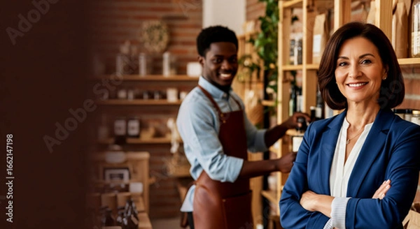 Fototapeta Mature Hispanic female small business owner standing confidently with smiling employee in rustic modern shop interior with natural lighting and professional workplace environment