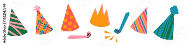 Fototapeta Hand drawn birthday party hats and doodle party blowers horns set vector illustration isolated on transparent background. Childish, kids design elements with colorful dots and stripes