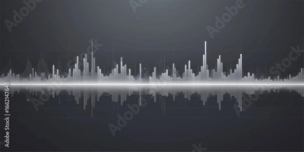 Fototapeta City skyline building silhouette illustration in the night with an EKG monitor heartbeat graph as a reflection on the water with blue sky backdrop and equalizer sound waves