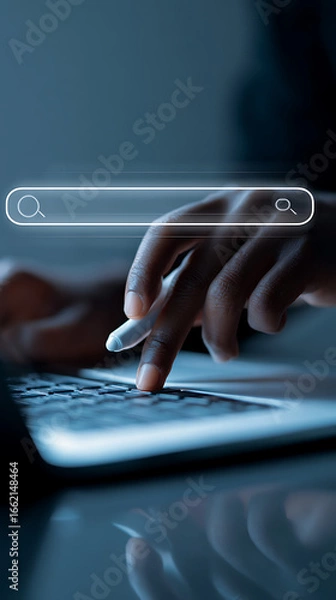 Fototapeta Person's hand using a stylus to type on a laptop keyboard with a glowing search bar interface typing