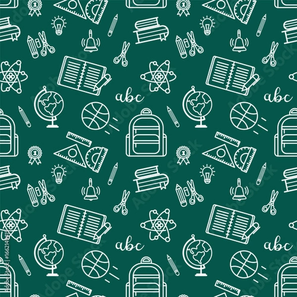 Fototapeta Seamless pattern with outline icons school supplies.Backpack,pencil, rulers, scissors,books,globe,bell.Vector illustration on green background.For wrapping paper, stationery, covers,scrapbooking.