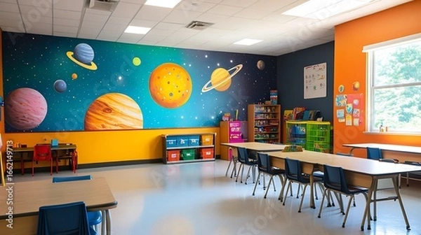 Fototapeta Empty classroom featuring desks, chairs and planet themed wall design