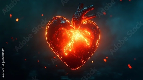 Obraz Fiery Heart Anatomy with Artery Design Against Moody and Dark Backdrop