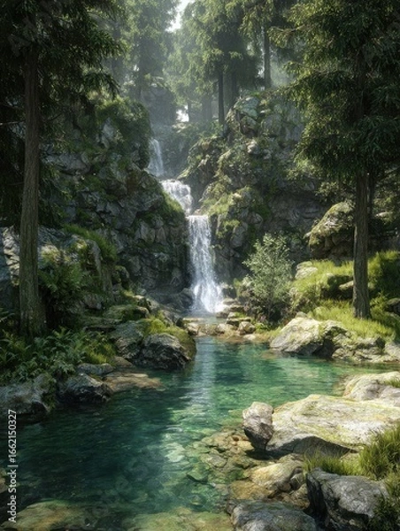 Fototapeta hidden forest cascade retreat tranquil misty waterfall escape a serene waterfall cascading into a crystalclear pool surrounded by lush green trees