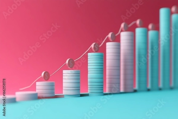 Fototapeta Growing Cylinder Chart with Dollar Coins and Arrow Showing Upward Trend on Pinkish Backdrop