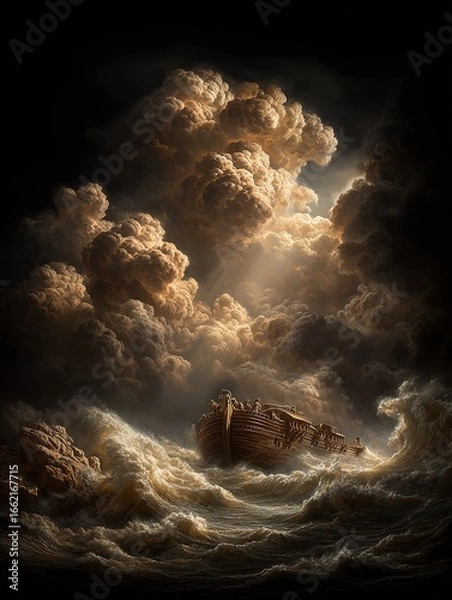 Fototapeta Noah's ark among giant waves and dramatic clouds illuminated by heavenly light