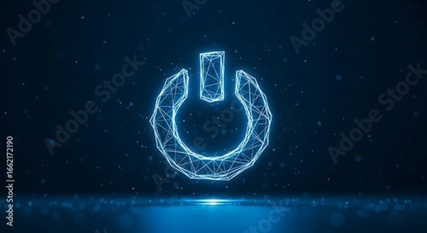 Fototapeta Abstract blue glowing low poly power button icon on dark blue background with bokeh effect, digital art style, modern technology concept