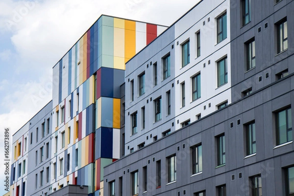 Fototapeta New construction apartment building featuring colourful vertical cladding panels, nobody