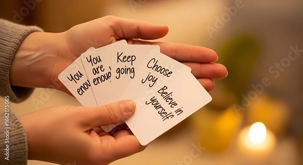 Fototapeta Hands holding small cards with handwritten positive affirmations and motivational messages, promoting self-belief and well-being.