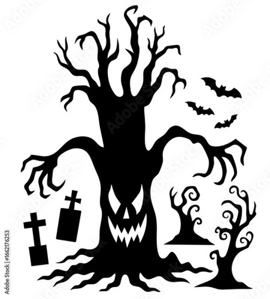 Fototapeta evil tree with creepy face, bats and graveyard crosses