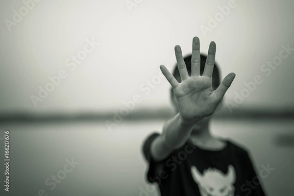 Fototapeta Stop emotional stress and pain, afraid, restricted, trapped, call for help, struggle, terrified, violence, slave, Human Rights Day concept.