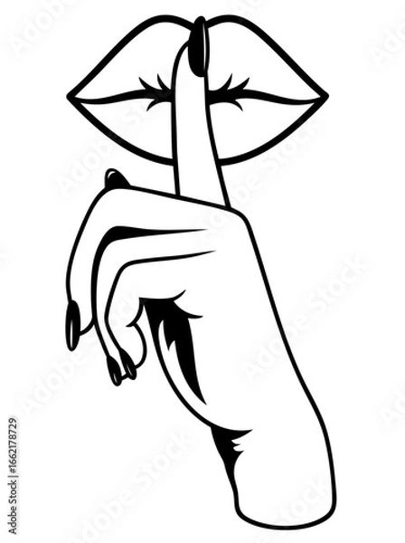 Fototapeta Lips and finger in elegant shushing gesture, silence and secrecy, discreet intimacy, hidden desire and unspoken secret between lovers