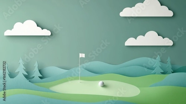 Fototapeta Minimalist Paper Cut Style Background Featuring Golf Course Elements